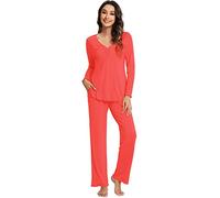 WiWi Pigiama da donna in viscosa di bambù, a maniche lunghe, con pantaloni, pigiama in morbida maglia, taglie S-XXL, Corallo, S