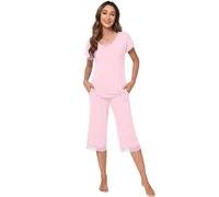 WiWi - Pigiama in bambù e viscosa da donna, morbido, comodo, a maniche corte, con pantaloni capri, abbigliamento da notte, taglia S-XXL, C-rosa, Medium