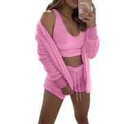 WIWIDANG Cozy Knit Set 3-Piece, Pigiama da donna in pile peloso caldo e sexy, completo in 3 pezzi, set di pantaloncini con top corto e soffice (S, Pink-b)