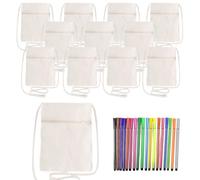 WIYETY 12 sacchetti di stoffa da dipingere, fai da te, piccole borse a tracolla da dipingere con 18 matite colorate, 17 x 13 cm, per bambini, in tessuto da dipingere, regalo per scuola, feste, colore
