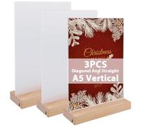 WIYETY 3 Espositori da tavolo in acrilico, formato A5, in acrilico, per segni, supporto con base in legno, espositore pubblicitario su entrambi i lati per menu, opuscolo, menu (inclinato e verticale)