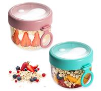 WIYETY Bicchieri per cereali To Go, 2 pezzi: tazza per yogurt con cucchiaio e coperchio, 600 ml, a prova di perdite, per insalata, lavoro, scuola, viaggi (rosa + ciano)