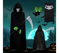 WIYETY Costume, mantello per adulti con cappuccio, maschera con teschio, falce, scheletro luminoso, costume da uomo e donna, per cosplay Halloween