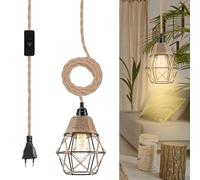 WIYETY Lampada a sospensione con spina: lampada a sospensione in rattan e cavo da 1,8 m, vintage, Plug in lampada a sospensione, cavo in tessuto, lampada a sospensione E27, kit di supporto per cucina,