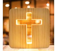 WIYETY Nightlight Croce Di Gesù: Mini Luce Notturna Religiosa 3D Croce Di Gesù, Piccola Lampada Da Tavolo Per Camera Da Letto Scultura In Legno LED, Luce Bianco Caldo Alimentata Da USB, Regalo