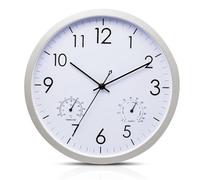 WIYETY Orologio da parete rotondo al quarzo: orologio da parete da 30 cm con termometro e igrometro, telaio in acciaio inox, funzionamento a batteria per cucina, soggiorno, camera da letto, ufficio