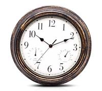WIYETY Orologio da parete silenzioso da esterno con termometro e igrometro - per interni ed esterni, orologio da giardino retrò, resistente alle intemperie, impermeabile per cucina, bagno, veranda