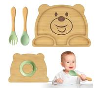 WIYETY Piatto per bambino in bambù con ventosa: piatto antiscivolo con cucchiaio e forchetta, accessorio pratico per alimenti infantili, set di stoviglie per bambino