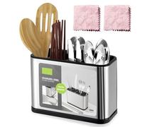WIYETY Portaposate 4 scomparti per cucina: contenitore per utensili da cucina con 2 panni per la pulizia, porta utensili da cucina in acciaio inox, organizer per posate per riporre coltelli, forchette