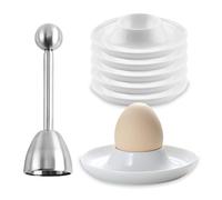 WIYETY Portauovo in porcellana, 6 pezzi, con apriuova in acciaio inox, impilabile, per la colazione, per cucina, sala da pranzo, bianco