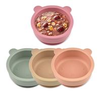 WIYETY Set di 4 ciotole in silicone con ventosa, antiscivolo, per bambini, con supporto a ventosa, lavabili in lavastoviglie e adatti al microonde (arancione, verde, rosa, marrone)