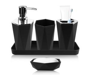WIYETY Set di 5 accessori da bagno, set di accessori da bagno in plastica con bicchiere per spazzolino, porta spazzolino, portapenne, portasapone, accessori da bagno, set regalo (nero)