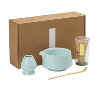 WIYETY Set Matcha 4 Pezzi con Frusta Matcha in Bambù Fatto a Mano, Supporto per Frusta, Ciotola Matcha con Beccuccio Versatore e Cucchiaio Matcha, Kit Matcha in Ceramica per Cerimonia del Tè