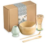 WIYETY Set Matcha, Set da 5 Pezzi per Tè Matcha con Frusta in Bambù, Ciotola in Ceramica, Supporto per Frusta, 2 Cucchiai, Kit Giapponese Iniziale per Cerimonia del Tè