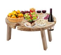 WIYETY Tavolo pieghevole in legno per picnic: portatile con porta bicchieri da vino rosso, giardino rotondo, campeggio, viaggi, spiaggia