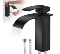 WIYETY Touch-On Rubinetto da bagno nero - Rubinetto a cascata opaco con protezione impronte digitali | Miscelatore monocomando e tubo in acciaio inox da 60 cm | certificato DVGW | per bagno e WC degli