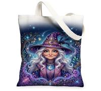 Wizard Canvas Tote Bag, Fantasia Luna Stelle Autunno Viola Borsa della spesa 33 x 38 cm
