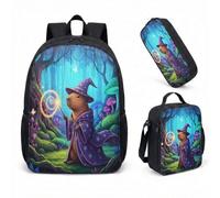 Wizard Capybara - Zaino da 43 cm, set da 3 pezzi, motivo: foresta incantata, per ragazzi, ragazze, bambini, cancelleria fantasy, 05, L, Minimalista