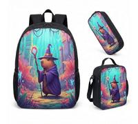 Wizard Capybara - Zaino da 43 cm, set da 3 pezzi, motivo: foresta incantata, per ragazzi, ragazze, bambini, cancelleria fantasy, 03, L, Minimalista