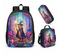 Wizard Capybara - Zaino da 43 cm, set da 3 pezzi, motivo: foresta incantata, per ragazzi, ragazze, bambini, cancelleria fantasy, 04, L, Minimalista