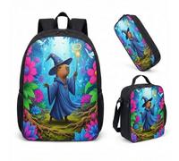Wizard Capybara - Zaino da 43 cm, set da 3 pezzi, motivo: foresta incantata, per ragazzi, ragazze, bambini, cancelleria fantasy, 02, L, Minimalista