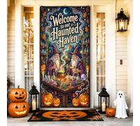 Wizards Brewing Potions Haunted Haven Welcome - Coperture per porte di | zucche accenti, porta d'ingresso, fondale, magico, pozione, bottiglie, incandescente, calderone, mistico, notte, orizzonte