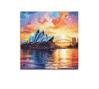 WIZIGM Poster con paesaggio geometrico teatro lirico e ponte al tramonto, poster moderno da parete su tela, decorazione artistica da parete, 50 x 50 cm, senza cornice