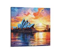 WIZIGM Poster con paesaggio geometrico teatro lirico e ponte al tramonto, poster moderno da parete su tela, decorazione artistica da parete, 50 x 50 cm, con cornice