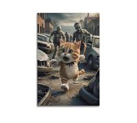 WIZIGM Poster su tela, motivo: gatto inseguito da zombi alla fine del mondo, moderno, decorazione artistica da parete su tela, 20 x 30 cm, senza cornice