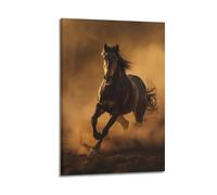 WIZIGM Stampa artistica da parete moderna su tela, motivo: cavallo scuro che corre nella polvere, decorazione artistica da parete, 50 x 75 cm, con cornice