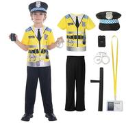 Wizland Bambini 7pcs Costume di polizia per ragazzi e ragazze, Set di uniforme di polizia gialla per Halloween Fancy Dress Up, 6-8 anni
