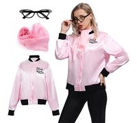 Wizland Donna Rosa Donne Grease Giacca per Halloween Cosplay Costume Anni '50 Giacca in raso rosa con sciarpe al collo e occhiali M