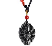 Wizock Collana unisex con ciondolo a forma di volpe e ossidiana con agata | Regolabile 40,6-58,4 cm, pietre irregolari burattate e catena in corda chinlon, collane per donne e uomini
