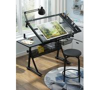 WJFTODAY (it:Scrivania per arte e artigianato con sgabello da disegno, altezza regolabno in vetro inclinabile da 0° a 50°, postazione di lavoro per artisti per casa, ufficio, scuola, sala studio)
