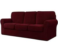 WJHDWYD 7 Pezzi Copridivano Elasticizzato, Copridivano Con Tre Schienali Separati E Cuscini Con Fascia Elastica, Tessuto Jacquard Spandex A Quadri(Vino Rosso,3 posti (185-235 cm))