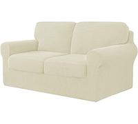 WJHDWYD 7 Pezzi Copridivano Elasticizzato, Copridivano Con Tre Schienali Separati E Cuscini Con Fascia Elastica, Tessuto Jacquard Spandex A Quadri(Avorio,2 posti (145-178 cm))
