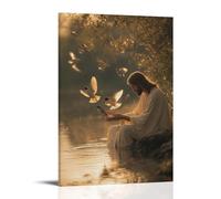 WJHJZQYY All'alba, Gesù si siede accanto a un lago che nutre passeri con le mani, le loro ali che brillano alla luce nascente. Decorazione murale moderna da appendere poster artistico da appendere (40