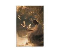 WJHJZQYY All'alba, Gesù si siede accanto a un lago che nutre passeri con le mani, le loro ali che brillano alla luce nascente. Decorazione murale moderna da appendere poster artistico da appendere (60