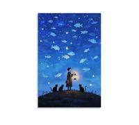 WJHJZQYY Decorazione da parete con cielo notturno mistico incantevole oceano stellato con lanterna luminosa e due gatti, decorazione da parete moderna da appendere, 30 x 45 cm