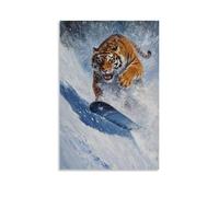 WJHJZQYY Decorazione da parete con dipinto a olio di una tigre che fa snowboard su un pendio invernale blu-grigio opaco decorativo, moderno, arte da appendere, 40 x 60 cm