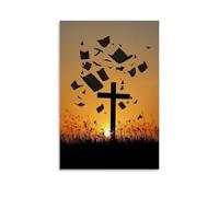 WJHJZQYY Decorazione da parete moderna da appendere all'alba, con sagome di croce contro la luce dorata, mentre le pagine della Bibbia fluttuano verso l'alto come uccelli che tornano a casa. Poster