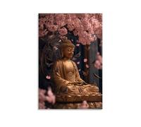 WJHJZQYY Decorazione da parete moderna da appendere con Buddha dorato seduto sotto un albero di ciliegio e uccelli che si radunano intorno a lui mentre petali piove come canti sacri. Poster decorativo