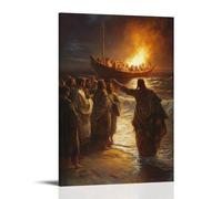 WJHJZQYY Decorazione da parete moderna da appendere con Cristo che appare sulla riva ai pescatori dopo la resurrezione, il fuoco scoppiettante e il riconoscimento che sorge in gioiosi sussulti