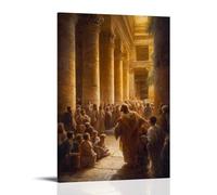 WJHJZQYY Decorazione da parete moderna da appendere con Cristo che rimprovera i farisei mentre i bambini si radunano intorno a lui, il tempio immerso nella luce dorata e nell'umiltà. Poster artistico