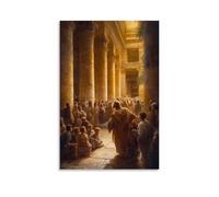 WJHJZQYY Decorazione da parete moderna da appendere con Cristo che rimprovera i farisei mentre i bambini si radunano intorno a lui, il tempio immerso nella luce dorata e nell'umiltà. Poster artistico