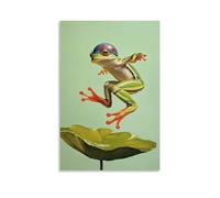 WJHJZQYY Decorazione da parete moderna da appendere con dipinto ad olio di una rana con elmo che fa un calcio su un blocco di giglio su uno sfondo verde chiaro tinta unita. Decorazione murale moderna