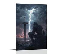 WJHJZQYY Decorazione da parete moderna da appendere con fulmine divide il cielo mentre il cavaliere pianta la spada accanto a una croce, aspettando la risposta del cielo. Poster artistico da appendere