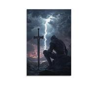 WJHJZQYY Decorazione da parete moderna da appendere con fulmine divide il cielo mentre il cavaliere pianta la spada accanto a una croce, aspettando la risposta del cielo. Poster artistico da appendere