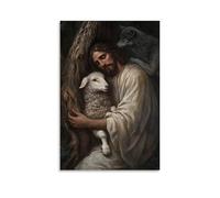 WJHJZQYY Decorazione da parete moderna da appendere, con Gesù appoggiato contro un albero, con gli occhi chiusi, tiene un agnello vicino mentre i lupi si aggirano appena oltre le radici. Poster