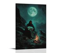 WJHJZQYY Decorazione da parete moderna da appendere con Gesù sotto la luna piena, Gesù culla un agnello accanto a un falò morente, mentre i lupi circondano oltre le ombre. Poster decorativo da parete
